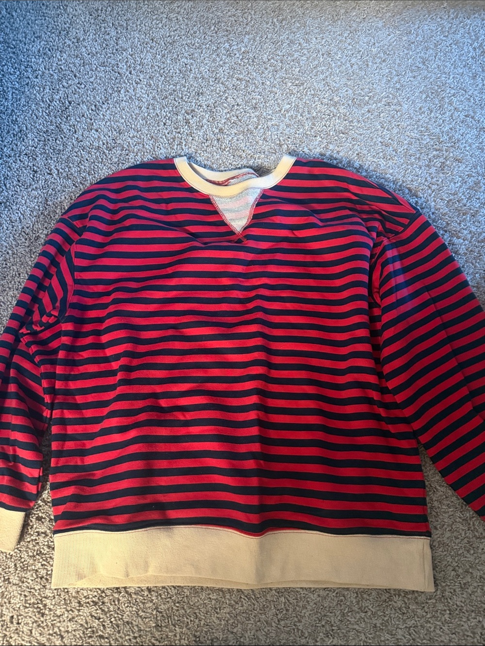 Amazon Red and Navy Striped Crewneck Sweatshirt with Cream Trim